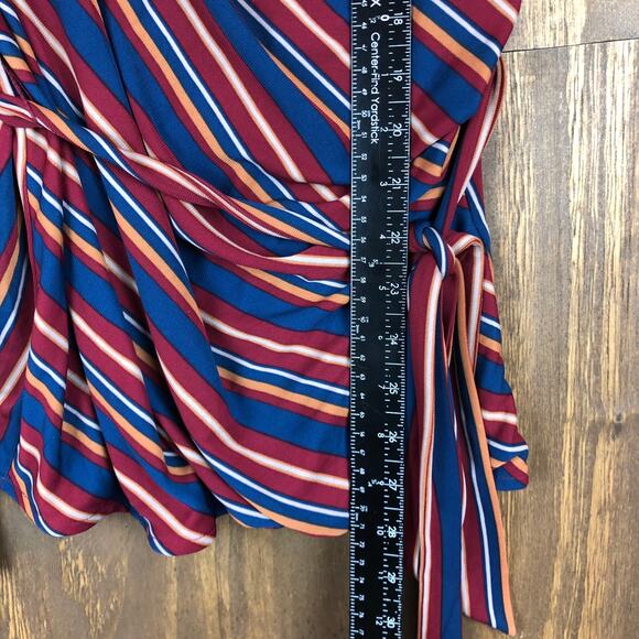 Ann Taylor Womens Blouse Multicolor Striped Belted Ruched Wrap Plunge Neck L - Picture 6 of 12
